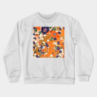 ORANGE BLUE WHITE SPRING FLOWERS IN GOLD YELLOW Antique Japanese Floral Crewneck Sweatshirt